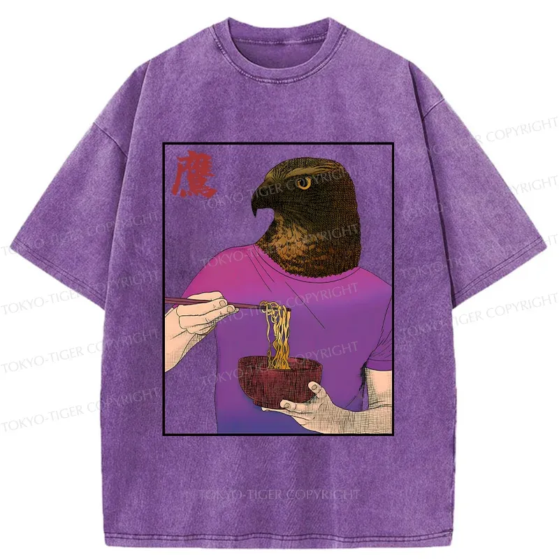 Tokyo-Tiger Eagle Eating Ramen Washed T-Shirt