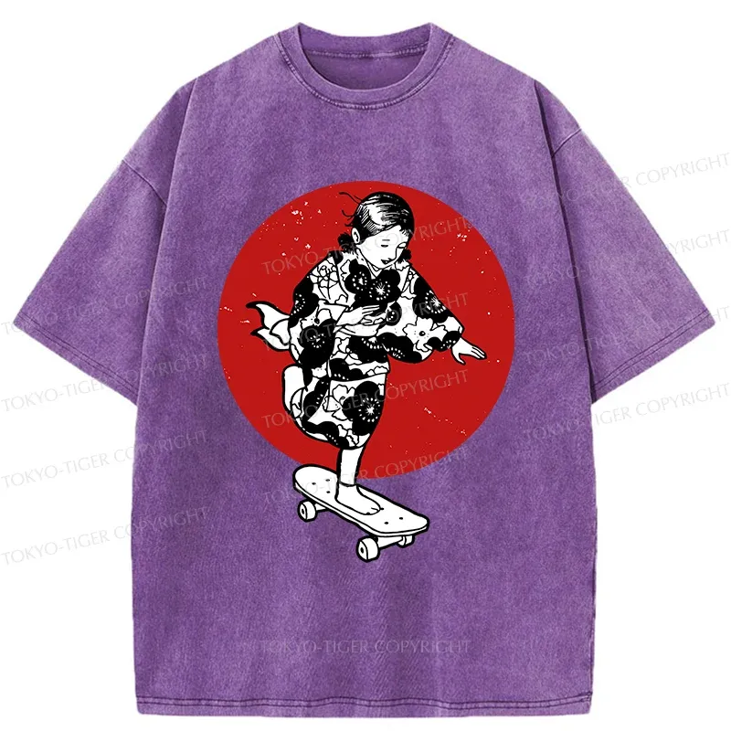 Tokyo-Tiger Kid On Skateboard Washed T-Shirt