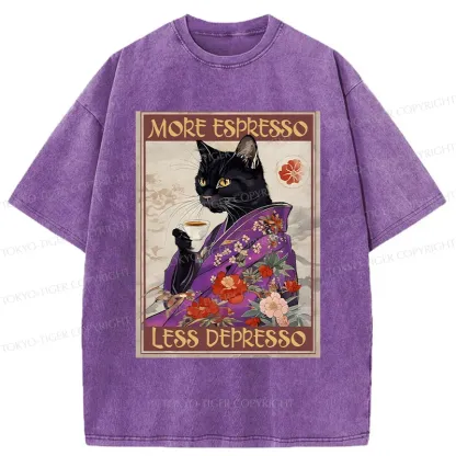 Tokyo-Tiger Japanese Cat Drinking Coffee Washed T-Shirt