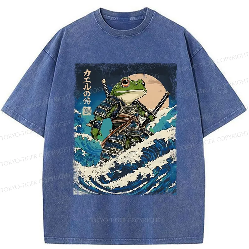 Tokyo-Tiger Frog Samurai In The Great Wave Washed T-Shirt