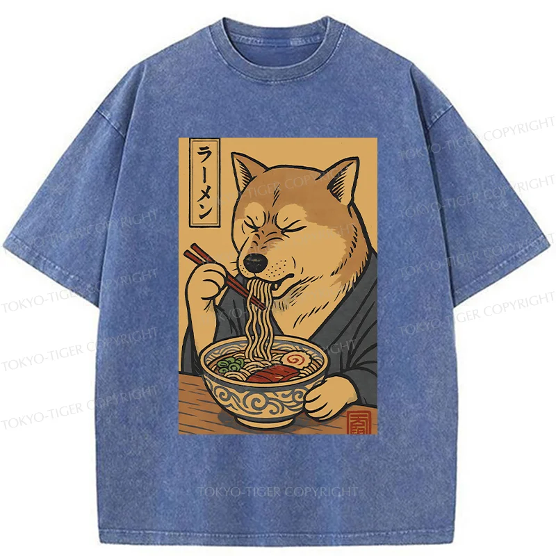 Tokyo-Tiger Puppy Eating Ramen Washed T-Shirt
