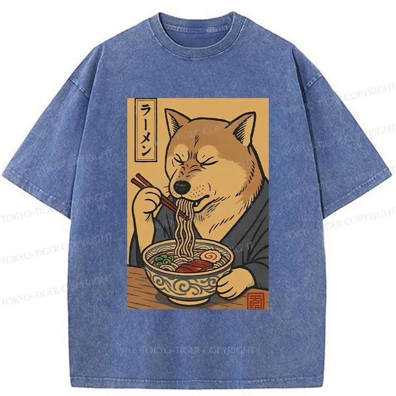 Tokyo-Tiger Puppy Eating Ramen Washed T-Shirt