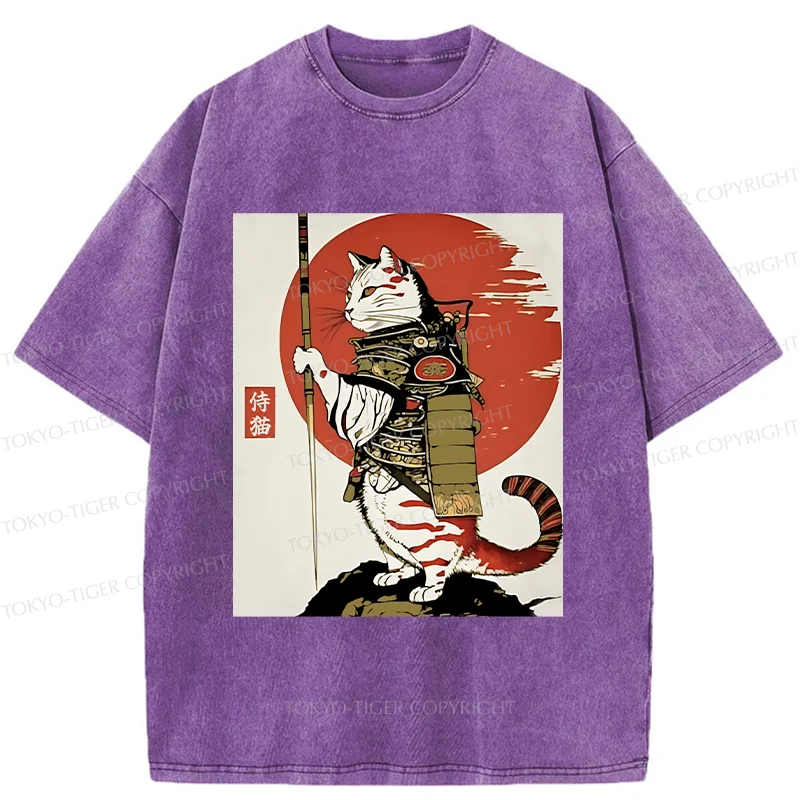Tokyo-Tiger Samurai Cat Holding Sword Washed T-Shirt
