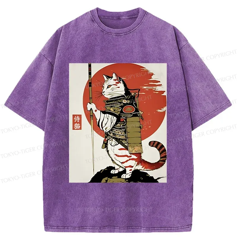 Tokyo-Tiger Samurai Cat Holding Sword Washed T-Shirt