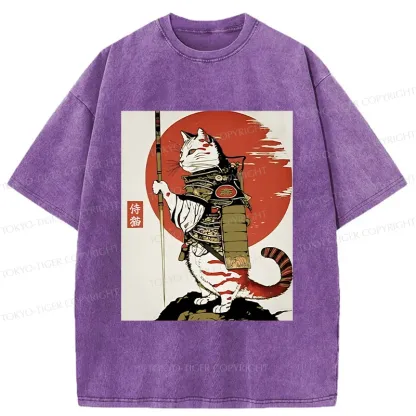 Tokyo-Tiger Samurai Cat Holding Sword Washed T-Shirt