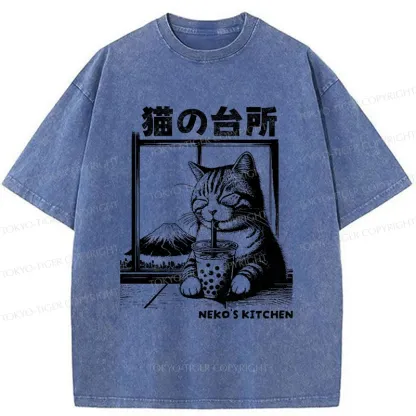 Tokyo-Tiger Cat Drinking Milk Tea Washed T-Shirt