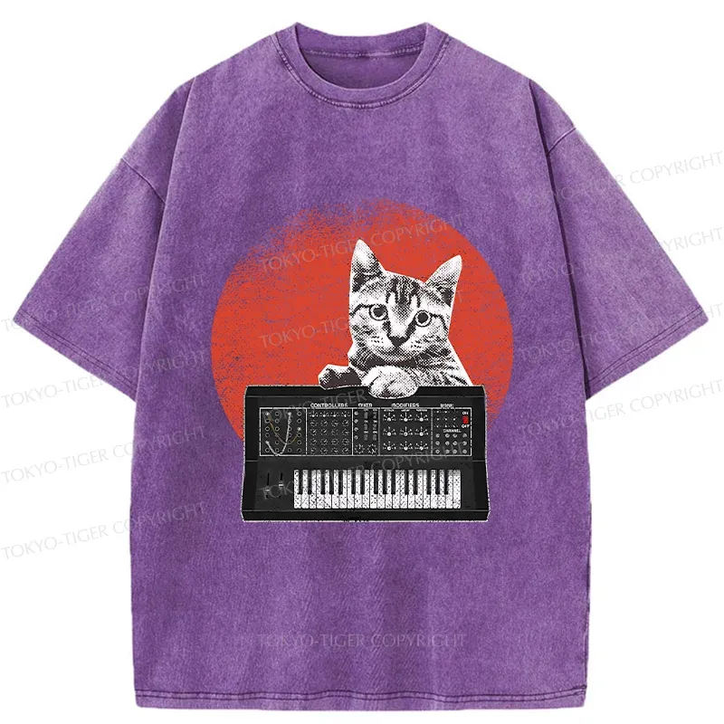 Tokyo-Tiger Cat And Analog Synthesizer Washed T-Shirt