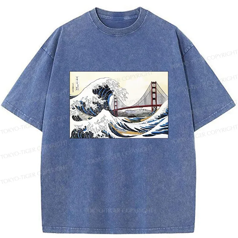 Tokyo-Tiger Golden Gate Bridge And Waves Washed T-Shirt