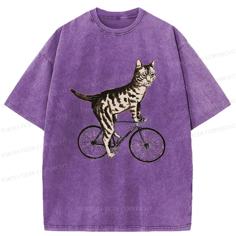 Tokyo-Tiger Cat Riding A Bicycle Washed T-Shirt