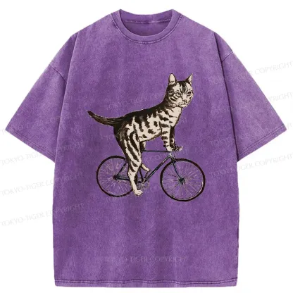 Tokyo-Tiger Cat Riding A Bicycle Washed T-Shirt