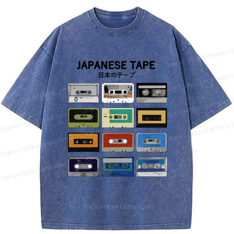 Tokyo-Tiger Retro Japanese Tapes Washed T-Shirt