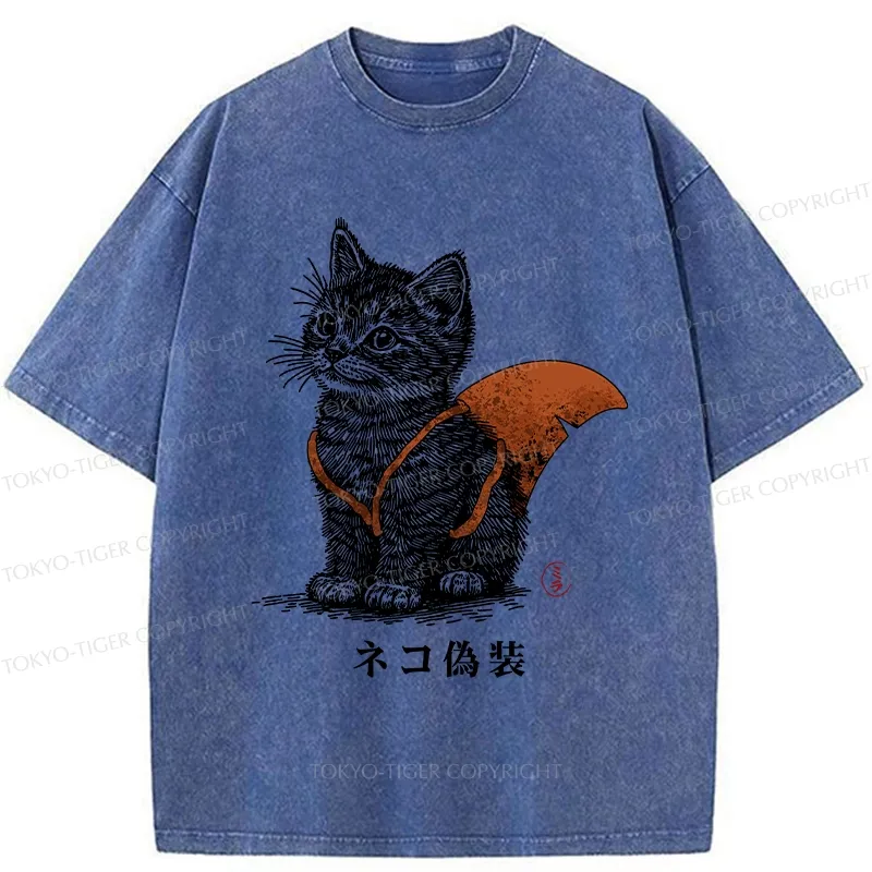 Tokyo-Tiger Funny Cat Disguised As Shark Washed T-Shirt
