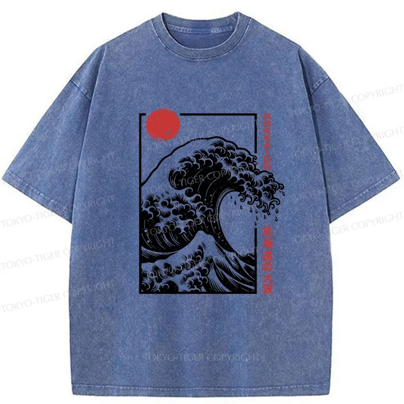 Tokyo-Tiger Japanese Ukiyoe Wave Washed T-Shirt
