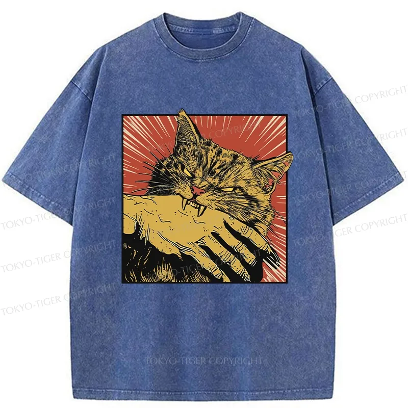 Tokyo-Tiger Cat Bites Hand Japanese Washed T-Shirt