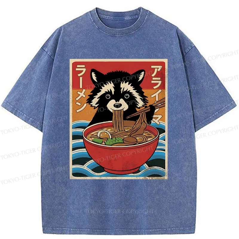 Tokyo-Tiger Raccoon Eating Ramen Washed T-Shirt