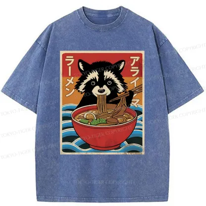 Tokyo-Tiger Raccoon Eating Ramen Washed T-Shirt