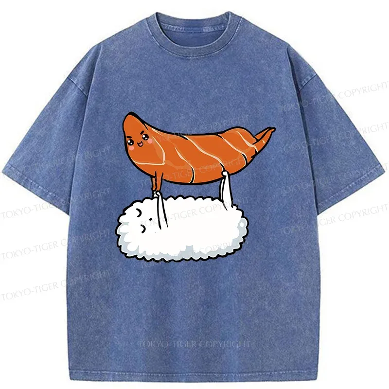 Tokyo-Tiger Sushi Doing Yoga Washed T-Shirt