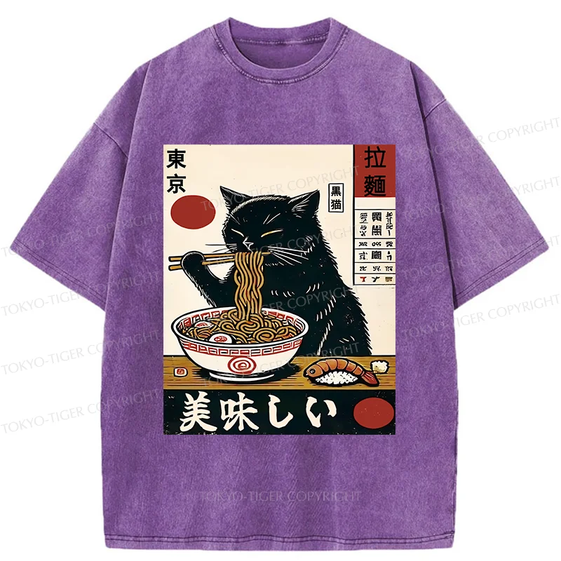 Tokyo-Tiger Black Cat Eating Japanese Ramen Washed T-Shirt