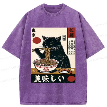 Tokyo-Tiger Black Cat Eating Japanese Ramen Washed T-Shirt