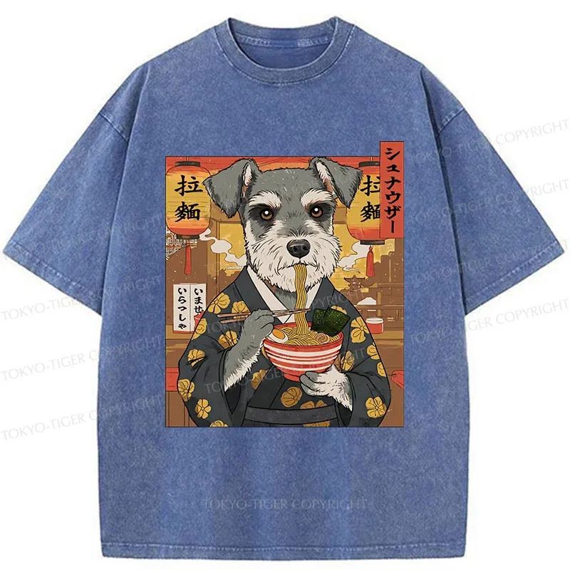 Tokyo-Tiger Schnauzer Eating Ramen Washed T-Shirt