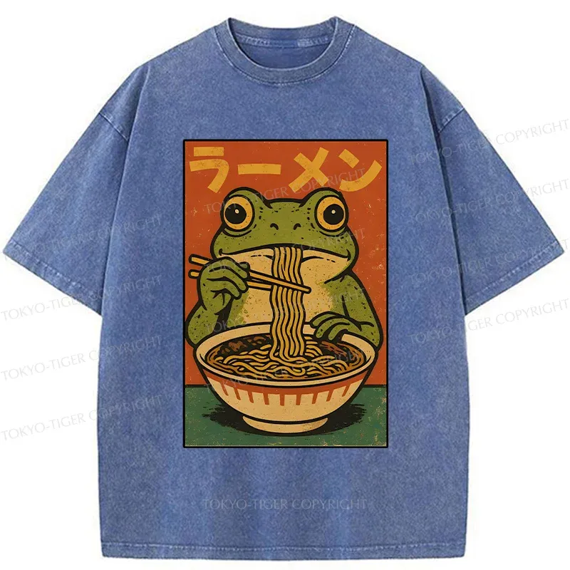 Tokyo-Tiger Frog Eating Ramen Retro Washed T-Shirt