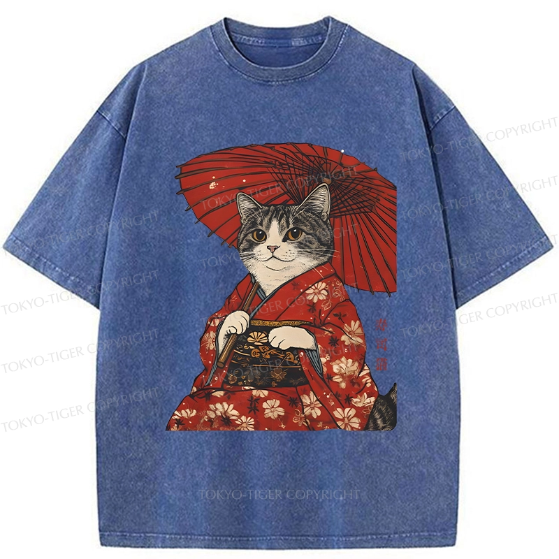 Tokyo-Tiger Japanese Cat Holding An Umbrella Washed T-Shirt