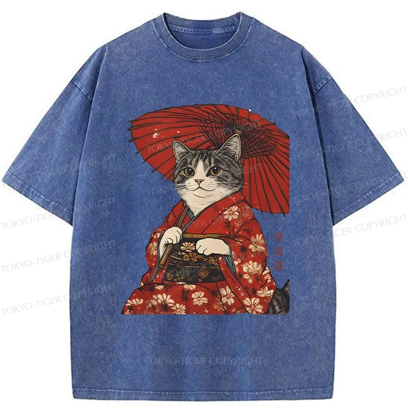 Tokyo-Tiger Japanese Cat Holding An Umbrella Washed T-Shirt