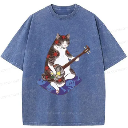 Tokyo-Tiger Cat Playing Shamisen Washed T-Shirt