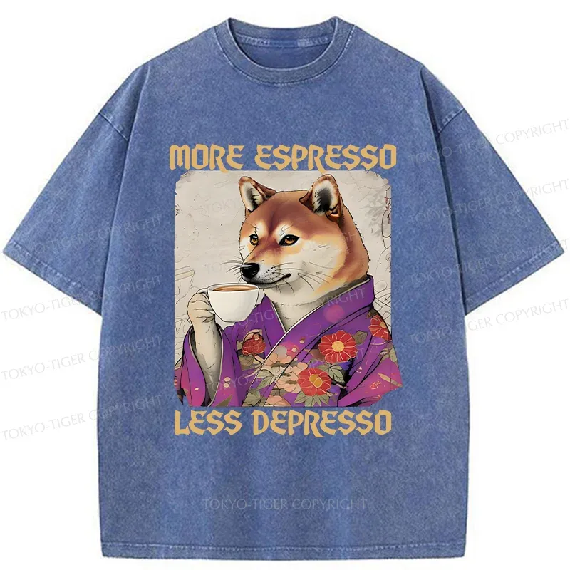 Tokyo-Tiger Shiba Inu Drinking Coffee Washed T-Shirt