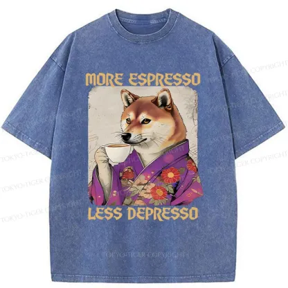 Tokyo-Tiger Shiba Inu Drinking Coffee Washed T-Shirt