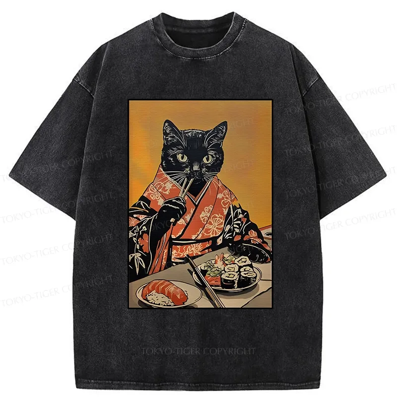 Tokyo-Tiger Sushi Lover Black Cat Washed T-Shirt