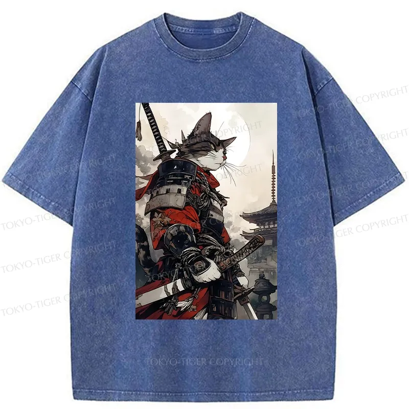 Tokyo-Tiger Majestic Samurai Cat Washed T-Shirt