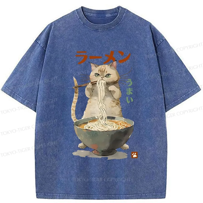 Tokyo-Tiger Cute Cat Eating Yummy Ramen Washed T-Shirt