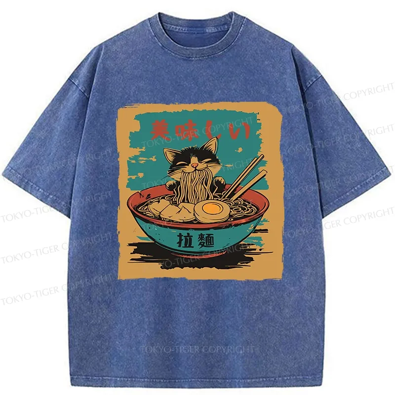 Tokyo-Tiger Kitten Eating Ramen Washed T-Shirt