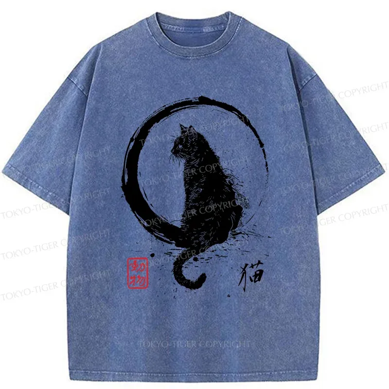 Tokyo-Tiger Retro Japanese Black Cat Washed T-Shirt