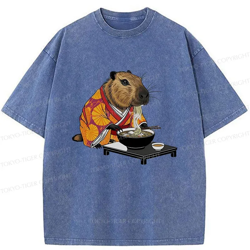 Tokyo-Tiger Cute Capybara Eating Ramen Washed T-Shirt