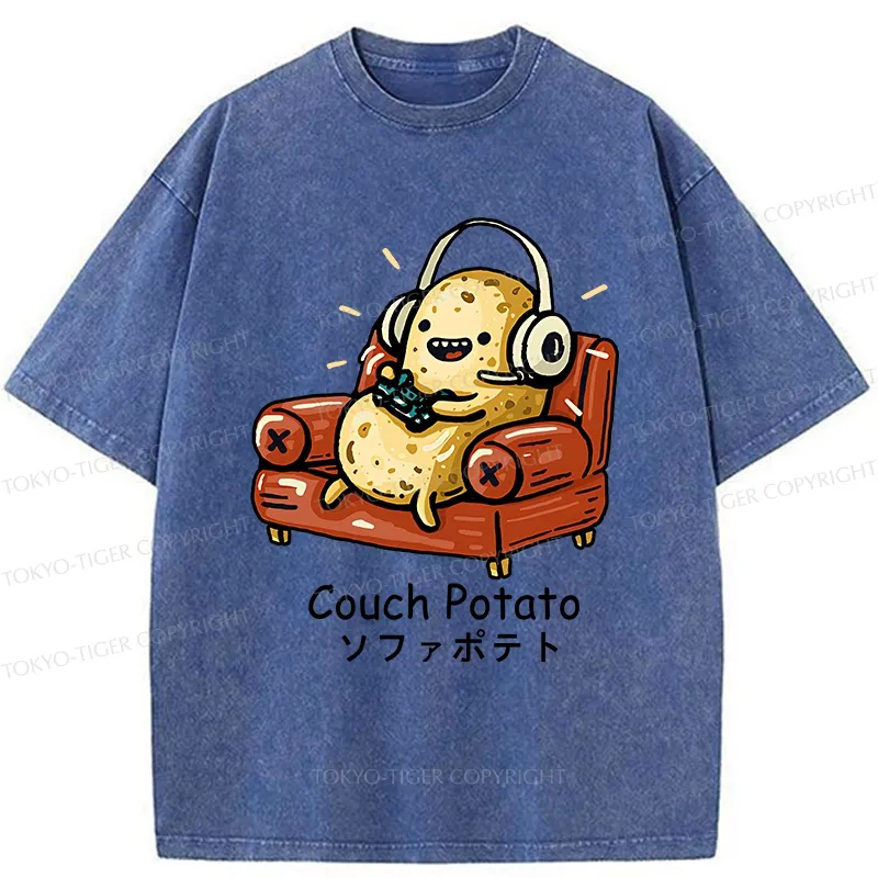 Tokyo-Tiger Funny Lazy Potato Washed T-Shirt