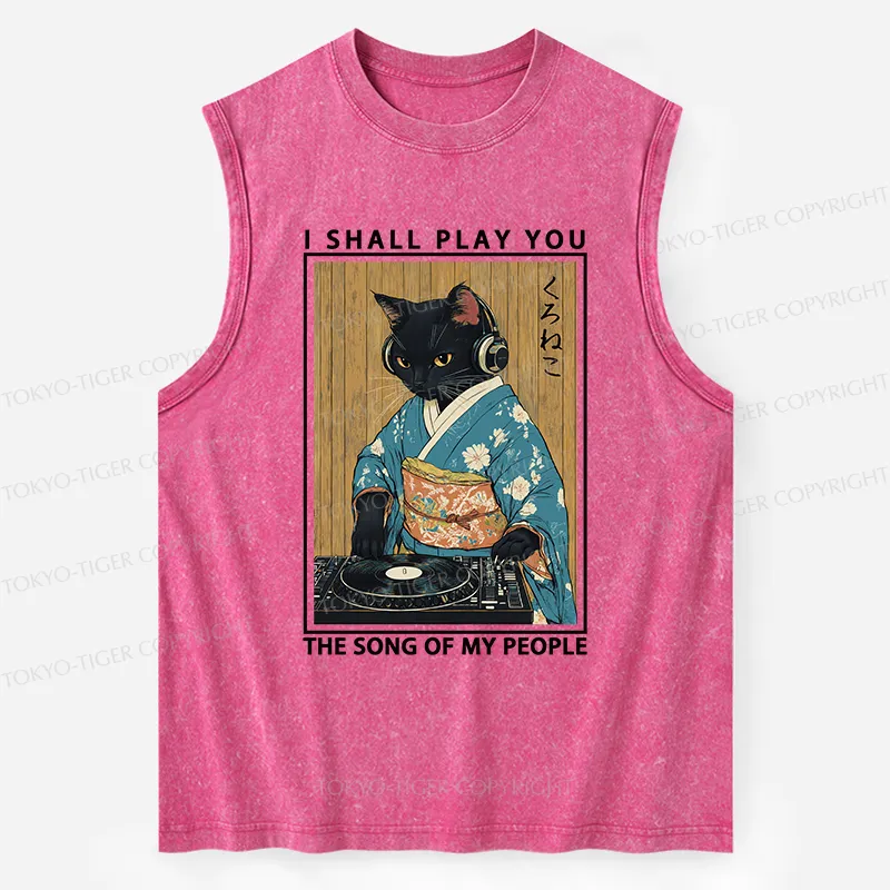 Tokyo-Tiger Funny Playing Music Black Cat Washed Tank