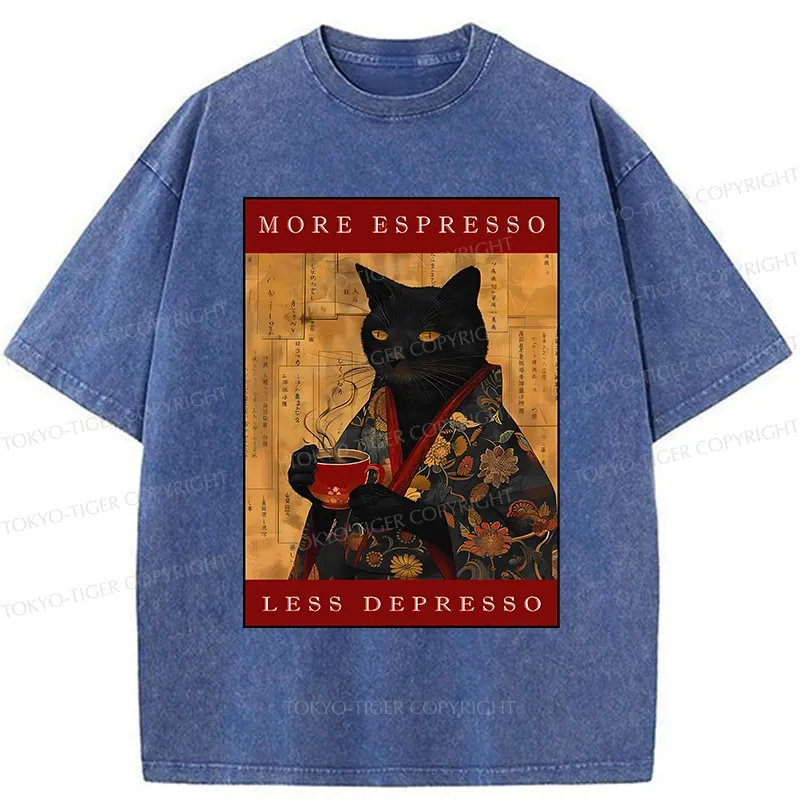 Tokyo-Tiger More Espresso Less Depresso Cat Washed T-Shirt