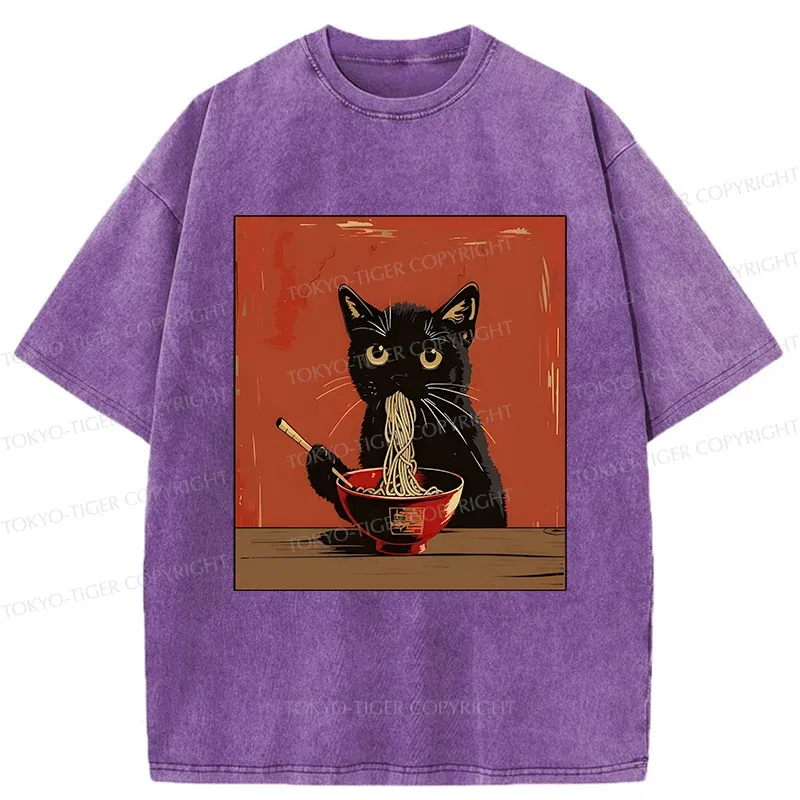 Tokyo-Tiger Japanese Black Cat Eating Ramen Washed T-Shirt
