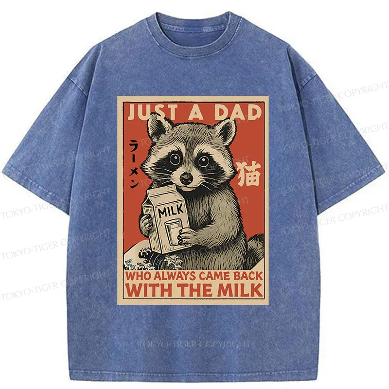 Tokyo-Tiger Cute Raccoon Holding Milk Washed T-Shirt