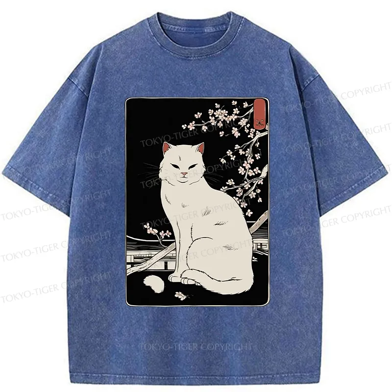 Tokyo-Tiger Cat Under The Sakura Washed T-Shirt