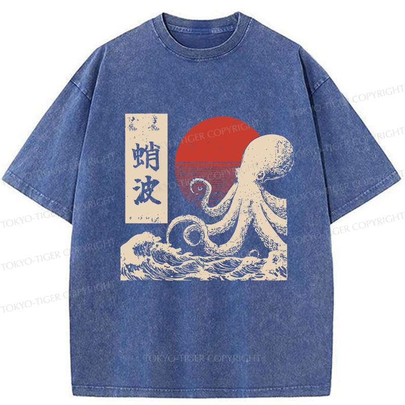 Tokyo-Tiger Retro Octopus Wave Washed T-Shirt