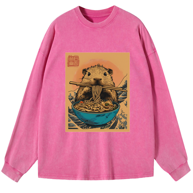 Tokyo-Tiger Opossum Eats Ramen Washed Long Sleeve T-Shirt