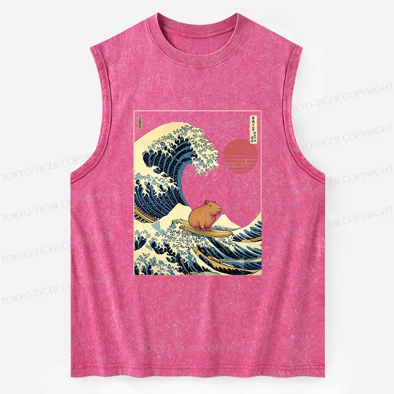 Tokyo-Tiger Capybara Surfing Washed Tank