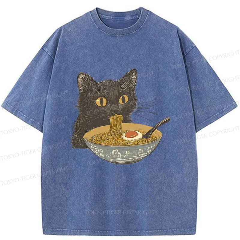 Tokyo-Tiger Cat Eating Tonkotsu Ramen Washed T-Shirt