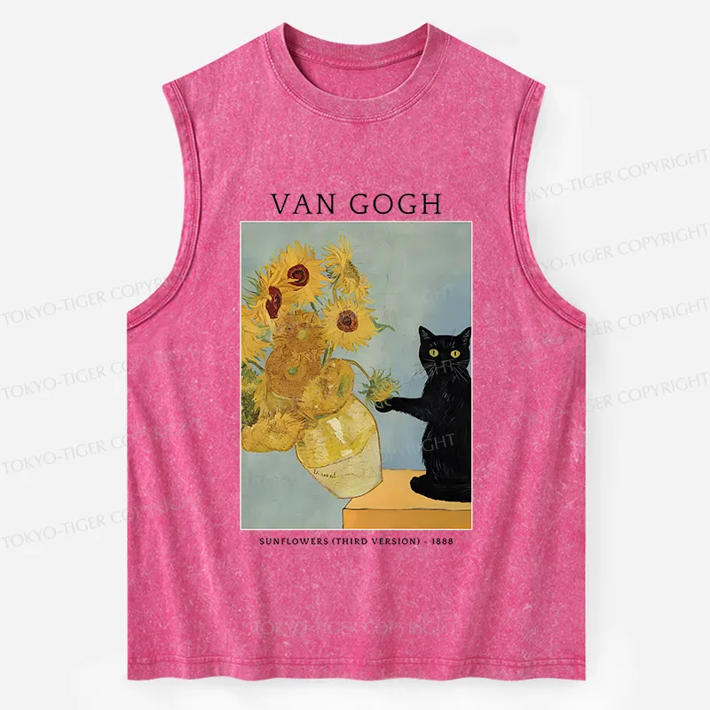 Tokyo-Tiger Black Cat With Sunflowers Washed Tank