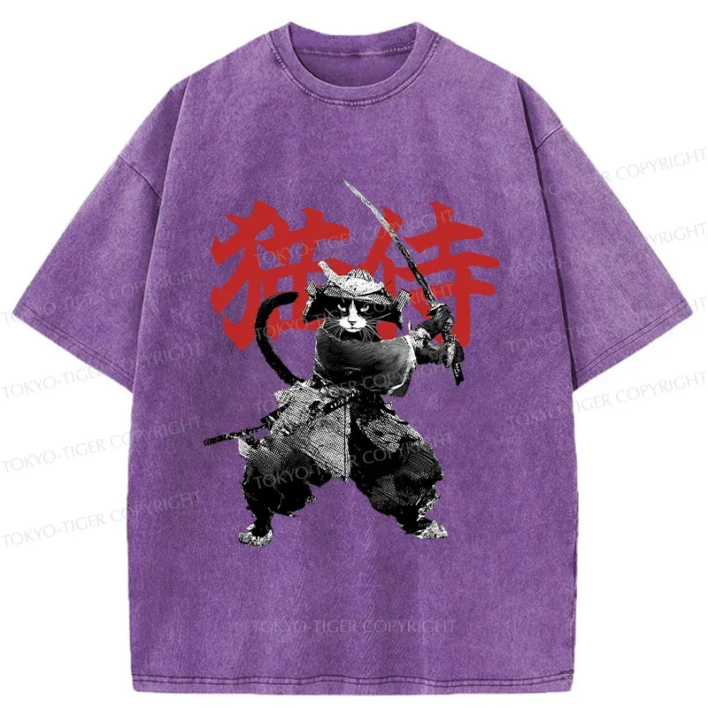 Tokyo-Tiger Black Cat Samurai Washed T-Shirt