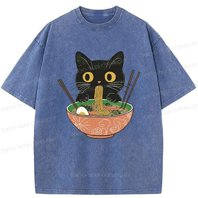 Tokyo-Tiger Black Cat Steals Ramen Washed T-Shirt