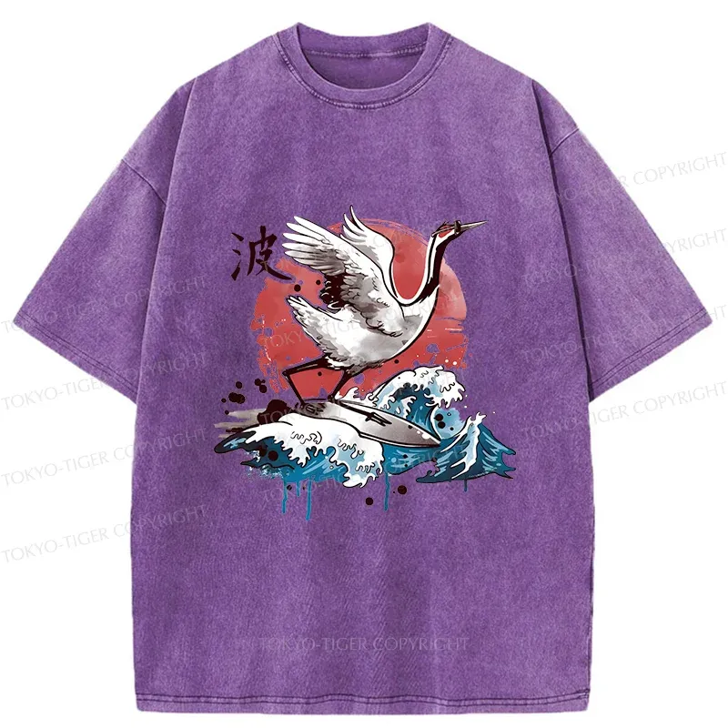 Tokyo-Tiger Crane Surfing Washed T-Shirt
